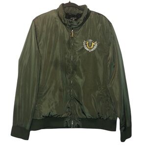 True Religion Satin Harrington Jacket Mens XL? Olive Green Zip Up Horseshoe Logo